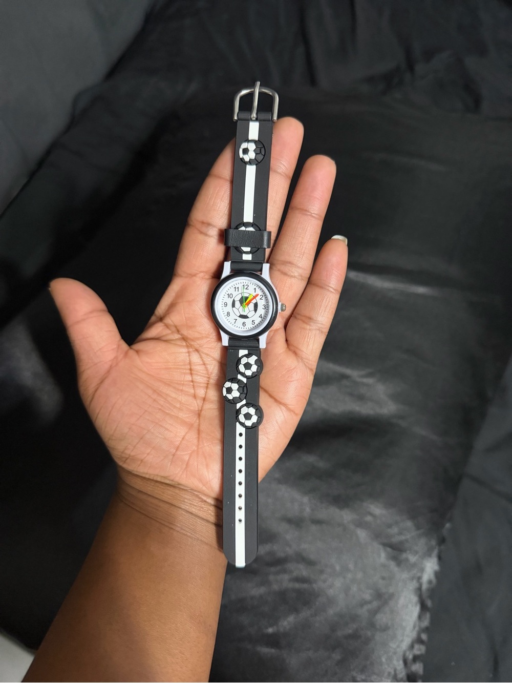 Kids' Black and White Soccer Analog Watch